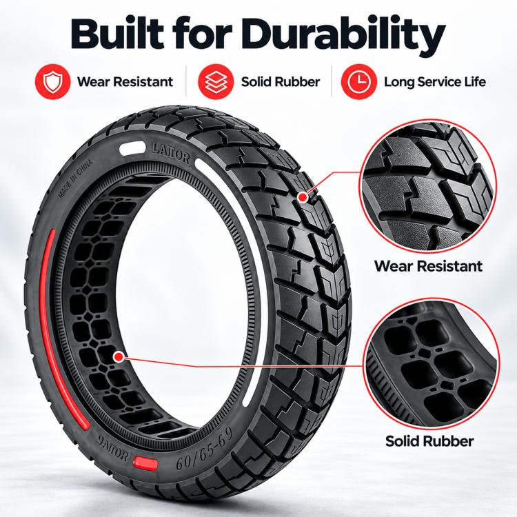 Solid rubber scooter tire with black tread and red side stripe, honeycomb interior detail