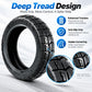 Black off-road vacuum tire with deep tread design and traction pattern