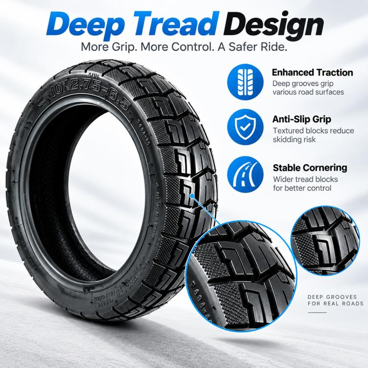 Black off-road vacuum tire with deep tread design and traction pattern