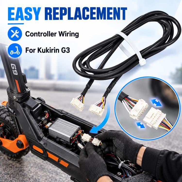 Black controller cable with white multi-pin connectors near scooter control area