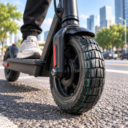 Electric scooter off-road tire, black with teal tread lines, wheel close-up