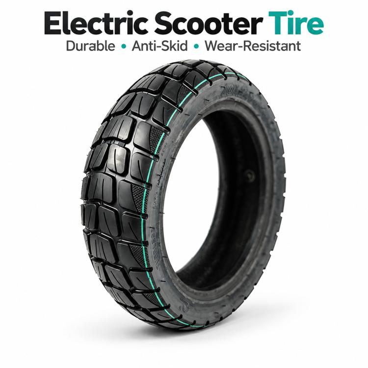 Electric scooter off-road vacuum tire, black chunky tread with teal reinforcement lines