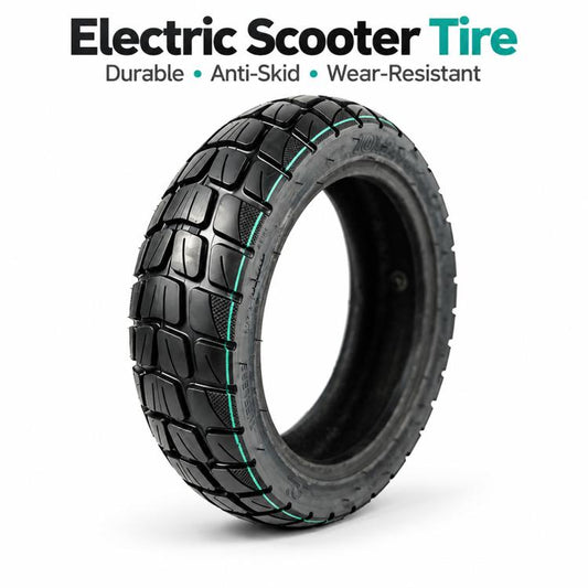 Electric scooter off-road vacuum tire, black chunky tread with teal reinforcement lines