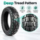 Electric scooter tire with deep tread pattern, black rubber and teal groove lines