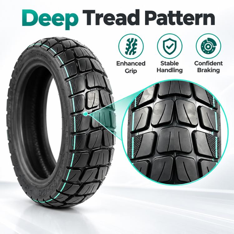 Electric scooter tire with deep tread pattern, black rubber and teal groove lines