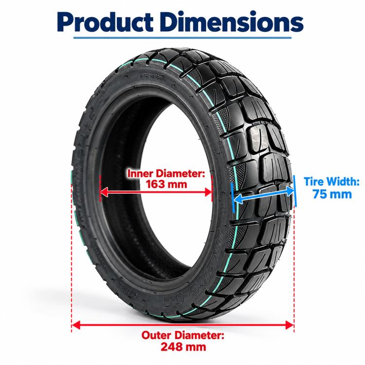 Electric scooter tire size diagram, black tire with teal tread lines