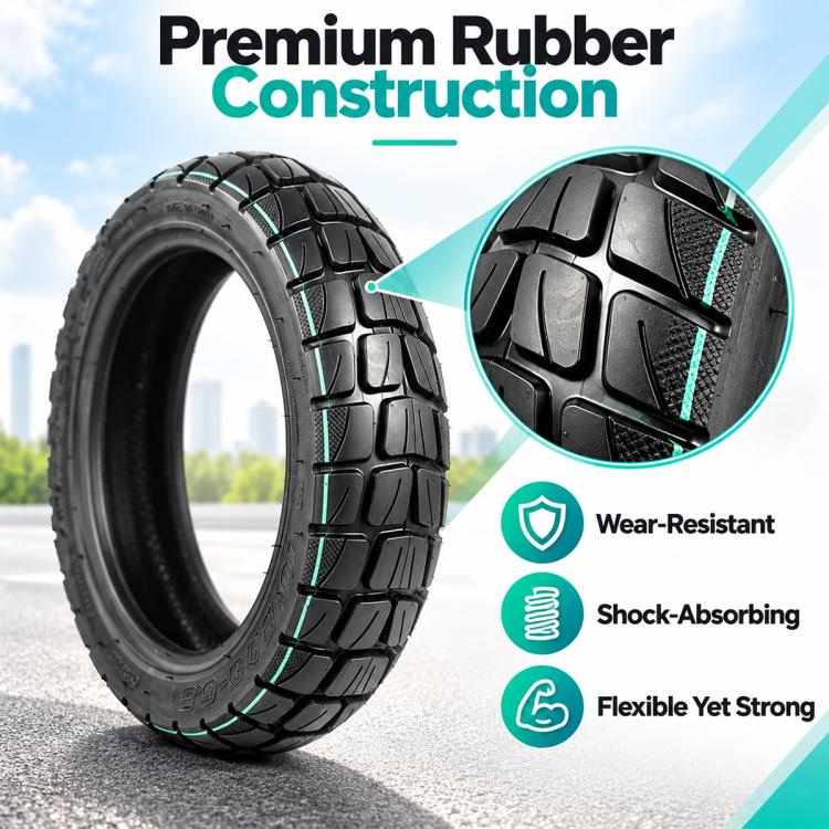 Electric scooter tire, black rubber with teal accents and thick sidewall tread