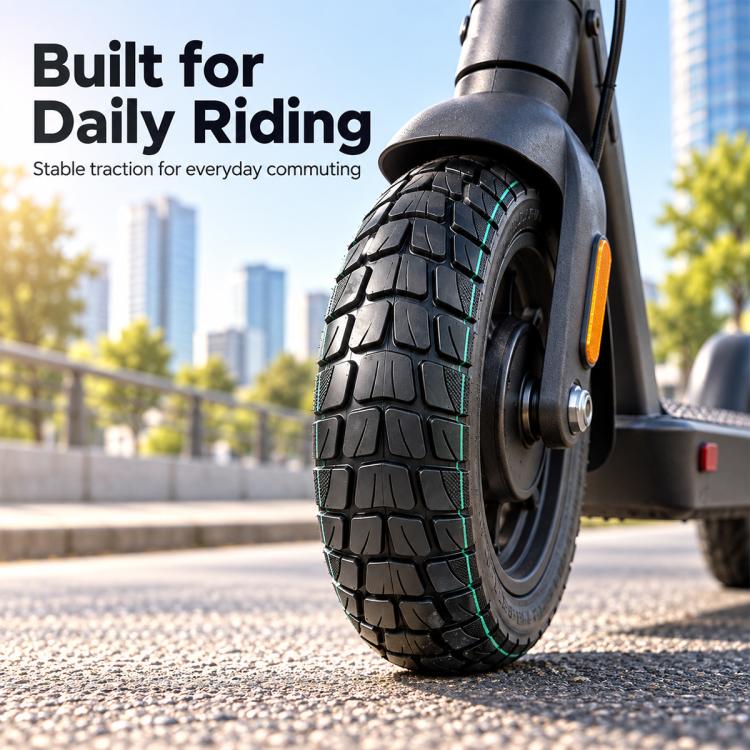 Electric scooter off-road tire, black with teal tread lines, angled on paved road