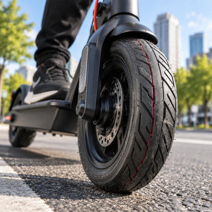 Electric scooter pneumatic tire with black tread and red sidewall markings