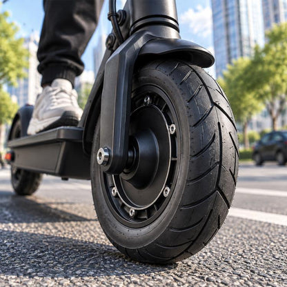 Electric scooter wheel hub assembly with black pneumatic tire, front hub visible