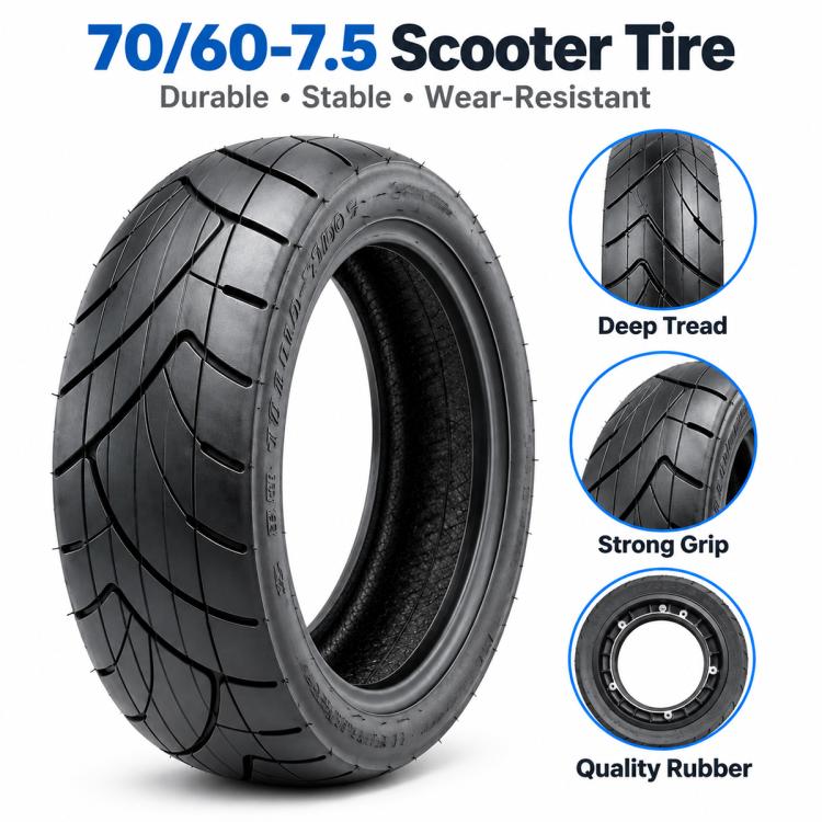 Black scooter tire with deep tread pattern and textured sidewall