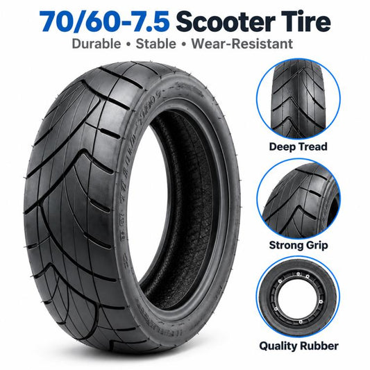 Black scooter tire with deep tread pattern and textured sidewall