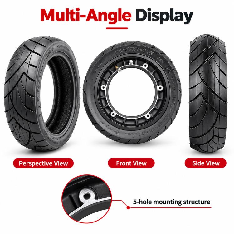 Black scooter tire set with wheel rim shown from multiple angles