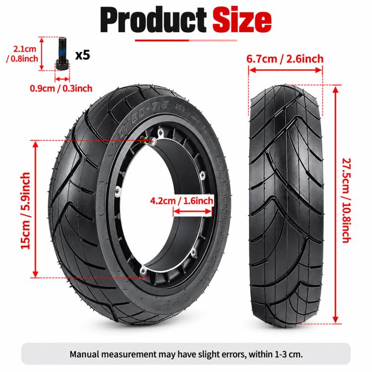 Black scooter tire and wheel rim with mounting holes, shown for size