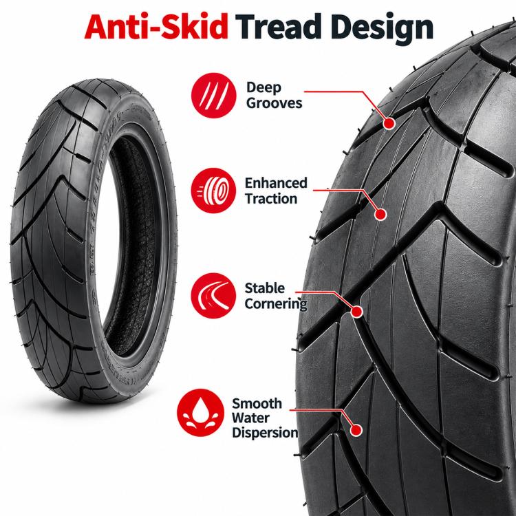 Black scooter tire with anti-skid tread grooves and smooth water-disperse channels