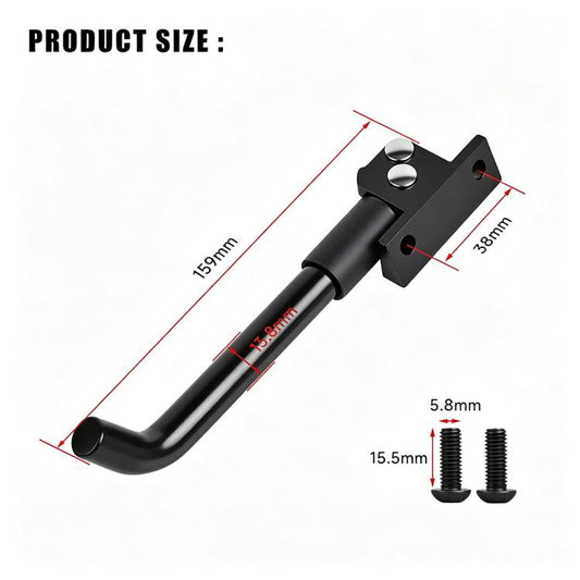 Black scooter fixed foot support with mounting plate, shown with measurement layout