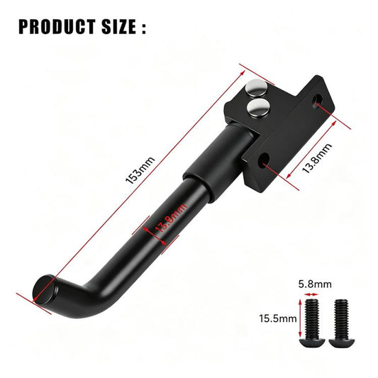 Black kickstand support arm with mounting bracket, shown with size dimensions.