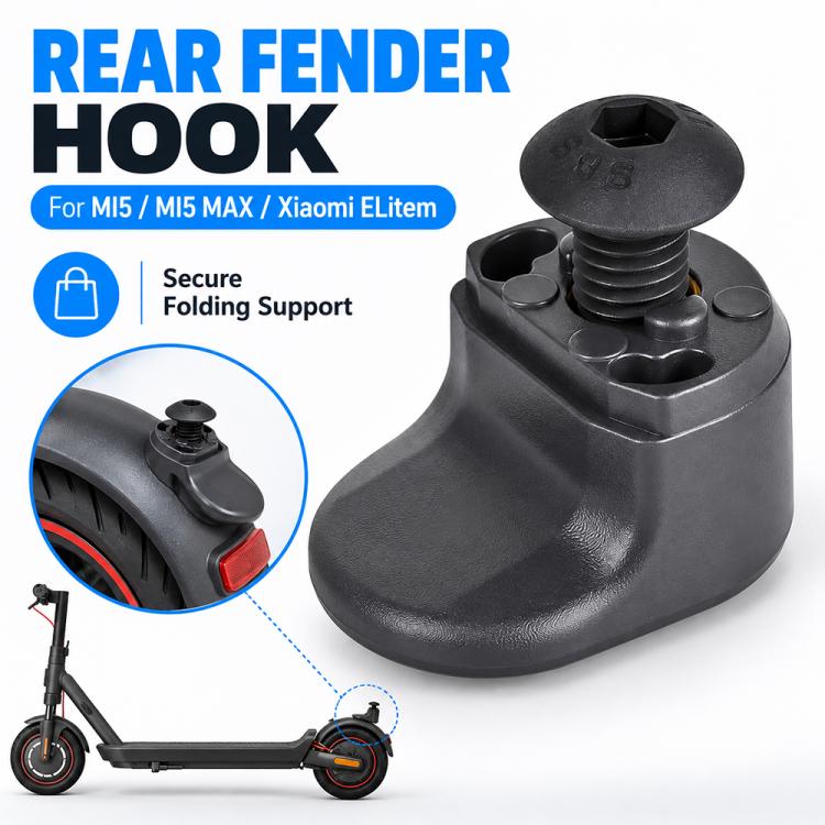 Black rear fender hook with folding support cap and threaded post
