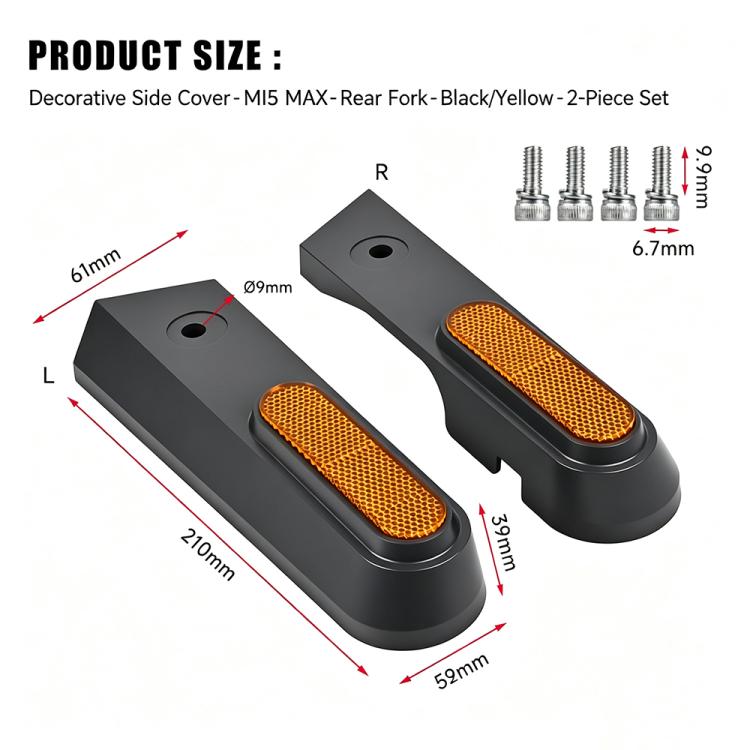 Black and yellow rear fork side covers, 2-piece set with mounting hardware