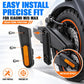 Side cover pair with amber reflective insert, shown near front wheel mounting