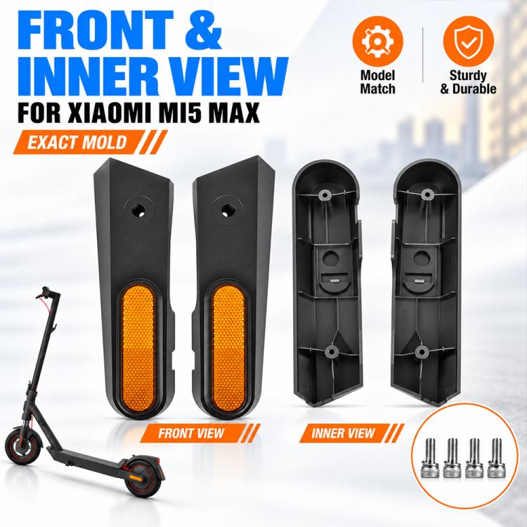 Front view of 2 black scooter side covers with amber reflective panels and hardware