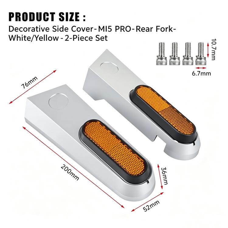 Decorative side cover set for electric scooter, white with amber reflector and screws