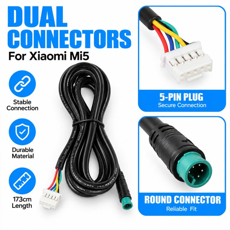 Electric scooter controller cable with dual connectors: 5-pin plug and round socket