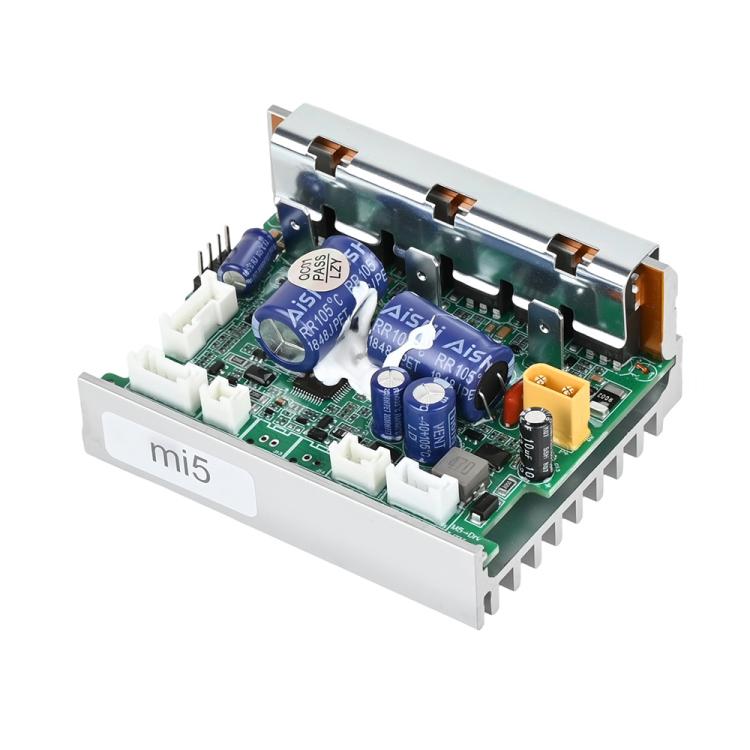 Electric scooter controller PCB with blue capacitors, silver heat sink, and connector pins