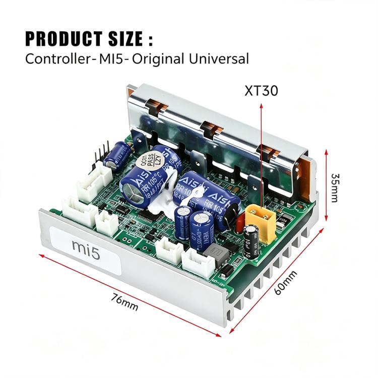 Electric scooter controller PCB with white plug connectors, blue capacitors, and silver heatsink