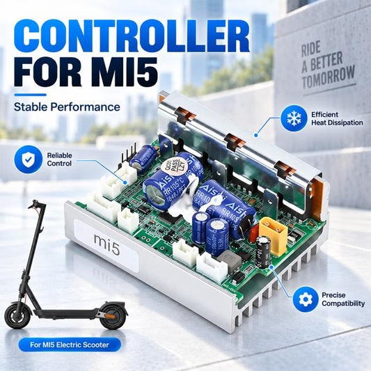 Electric scooter controller board with aluminum heat sink and blue capacitors in angled view