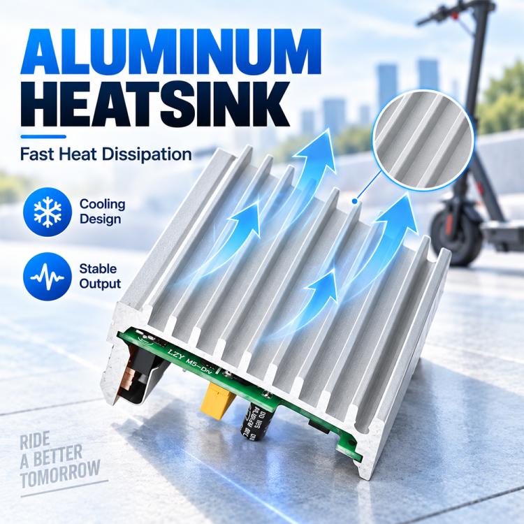 Electric scooter controller board with aluminum heatsink, green PCB, and mounting base