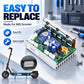 Electric scooter controller PCB with white connector blocks, silver heat sink, and blue capacitors