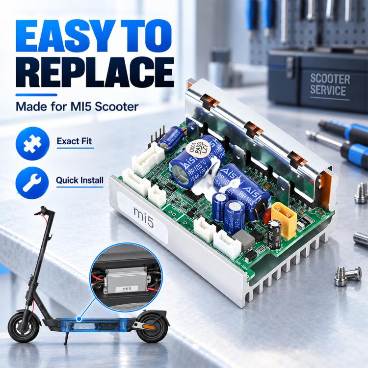 Electric scooter controller PCB with white connector blocks, silver heat sink, and blue capacitors