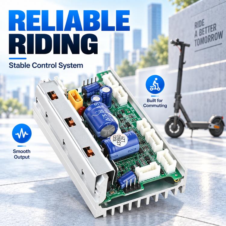Electric scooter controller PCB angled view with blue capacitors, white plugs, and orange terminal