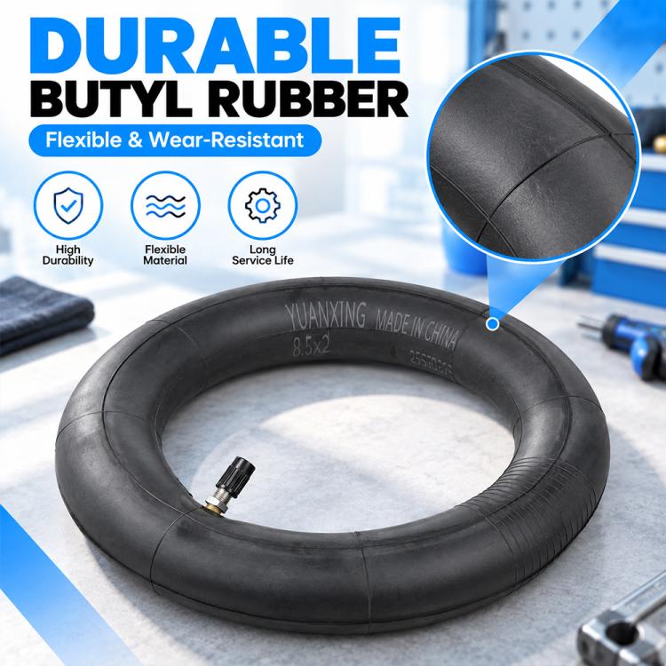 8.5-inch inflatable inner tube made of durable black rubber, valve stem included