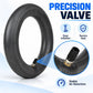 Black inner tube with precision straight valve fitting, close-up detail