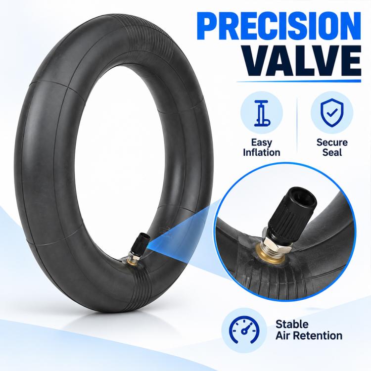 Black inner tube with precision straight valve fitting, close-up detail