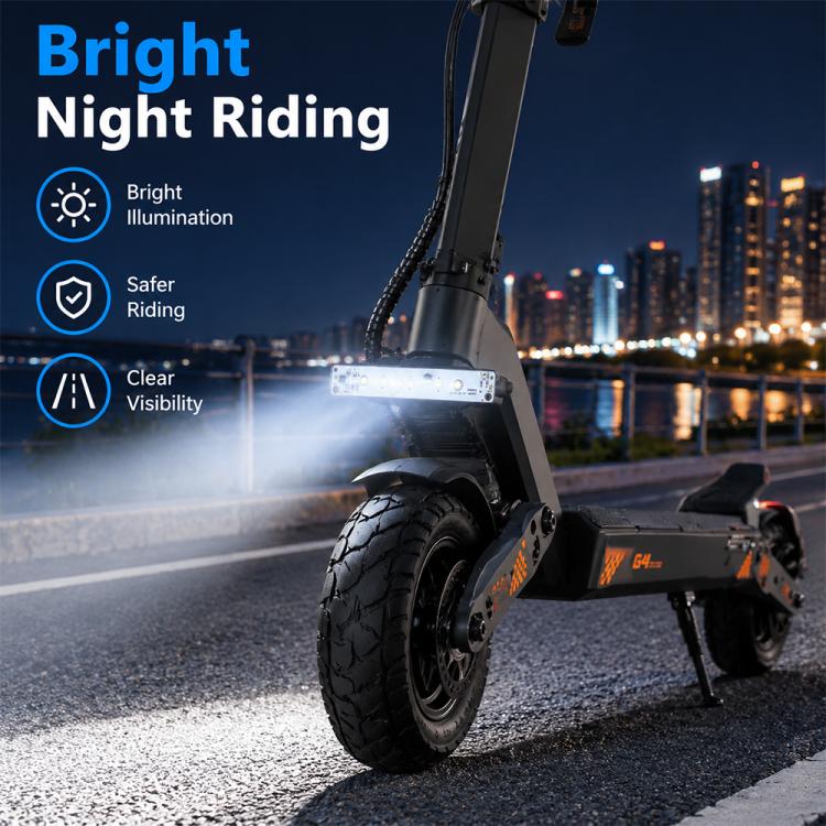 Electric scooter front showing attached LED headlight strip for night riding