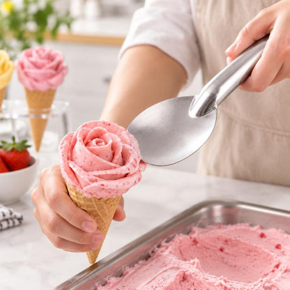 Ice cream spade scoop holding a pink rose-shaped ice cream on a cone, brushed metal