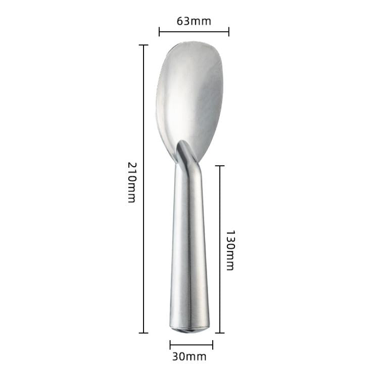 Aluminum ice cream spade scoop with wide oval shovel head and short handle, shown with size