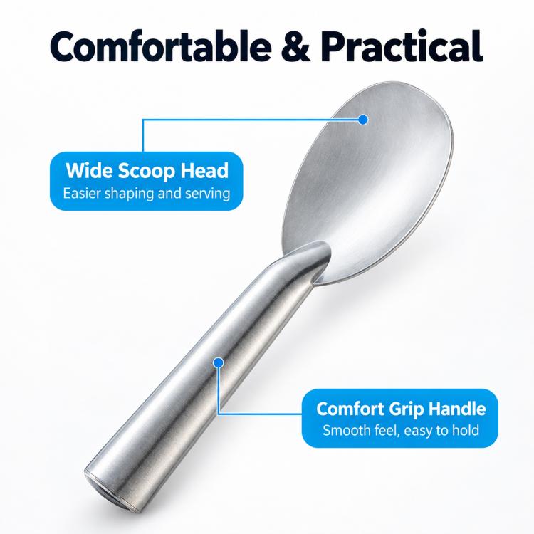 Aluminum ice cream spade scoop with wide scoop head and smooth comfort grip handle