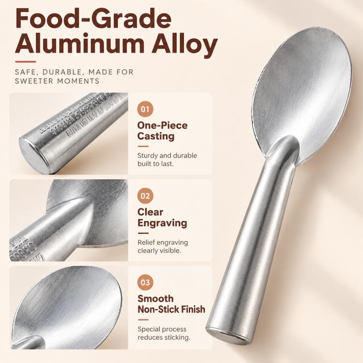 Aluminum ice cream spade scoop with one-piece casting, smooth non-stick finish