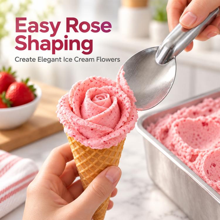 Ice cream spade scoop forming a pink rose swirl on a waffle cone, brushed metal