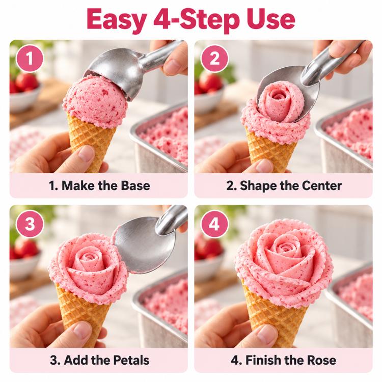 Hands using an aluminum ice cream spade scoop to shape pink rose ice cream