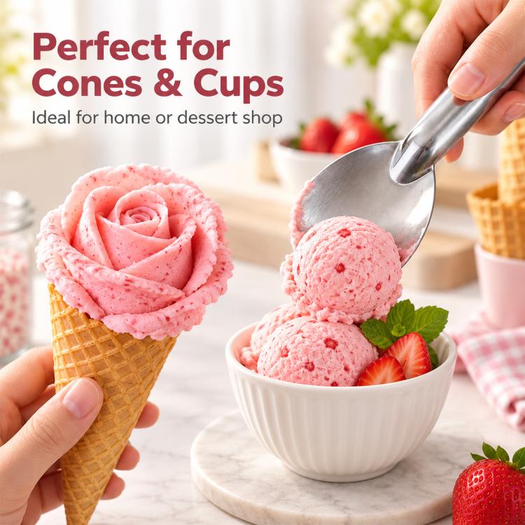 Ice cream spade scoop serving pink rose ice cream from a cone into a bowl