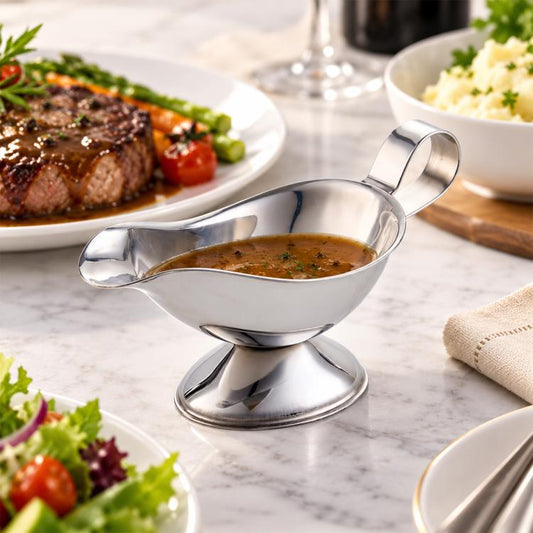 Stainless steel gravy boat with spout and loop handle, filled with brown sauce