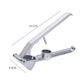 Manual stainless garlic press with long handle and curved frame, shown with size outline
