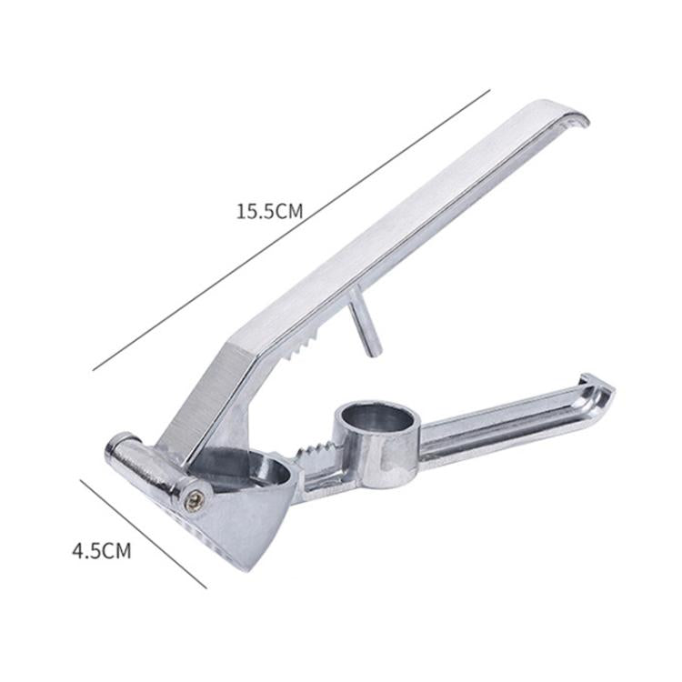 Manual stainless garlic press with long handle and curved frame, shown with size outline