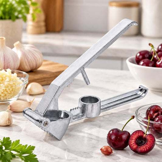 Stainless steel manual garlic masher with long lever and press plate, kitchen countertop tool