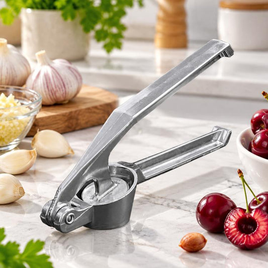 Manual garlic press in silver stainless steel, lever and squeezing handle for mincing garlic